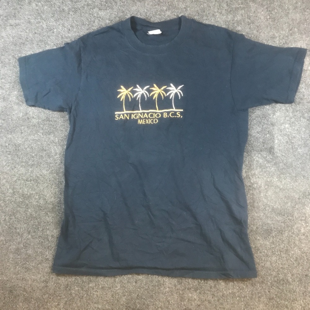Yazbek San Ignacio T-Shirt Mens Medium Blue Palm Trees Embroidered Cotton Casual